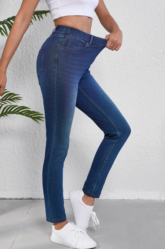 Blue Straight Leg Washed Stretchy Casual Jeans