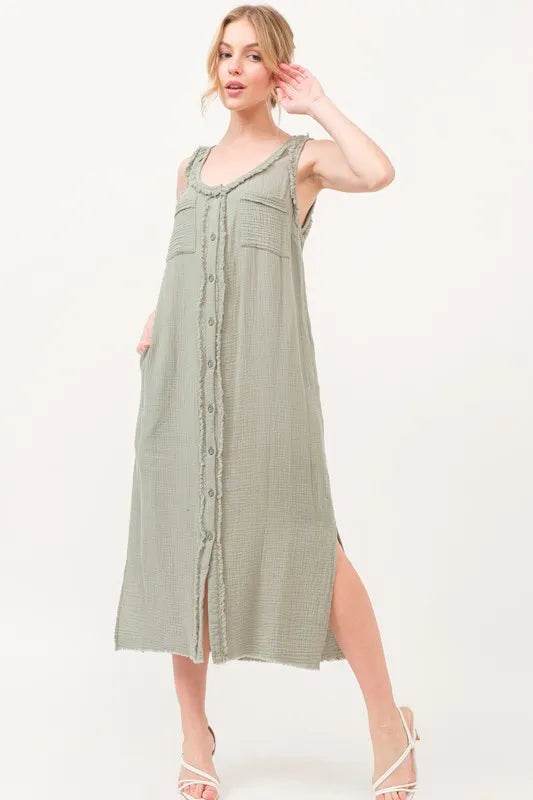 And The Why Washed Gauzed Patch Pocket Tank Midi Dress
