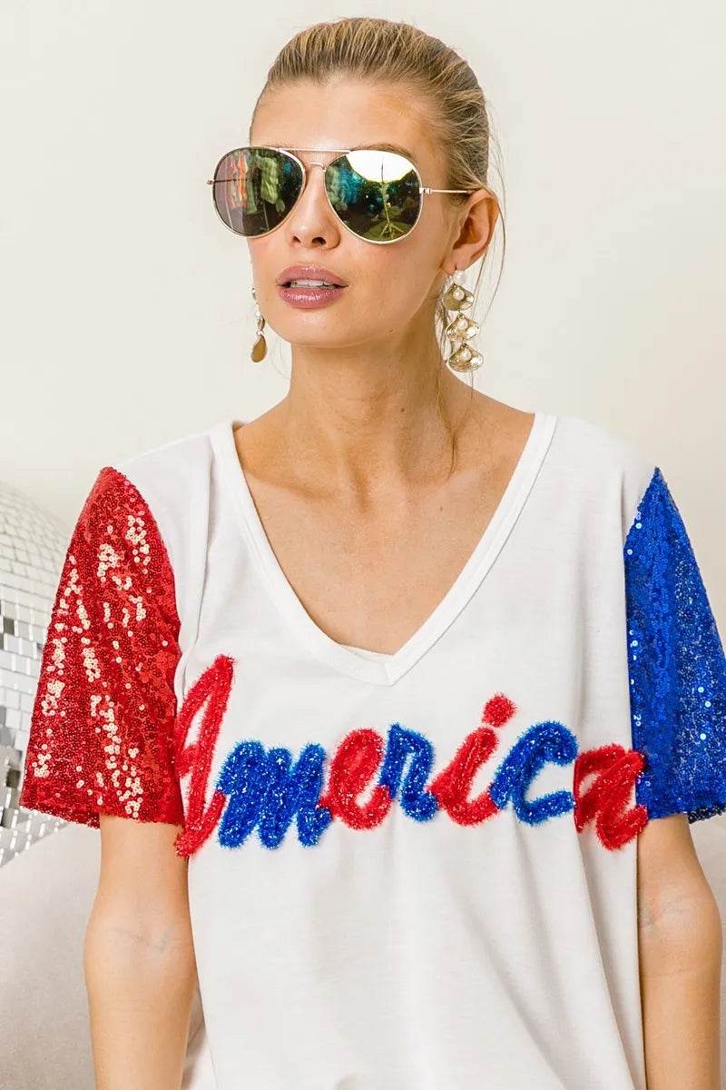 BiBi Metallic Letter V-neck Sequin Sleeves Top