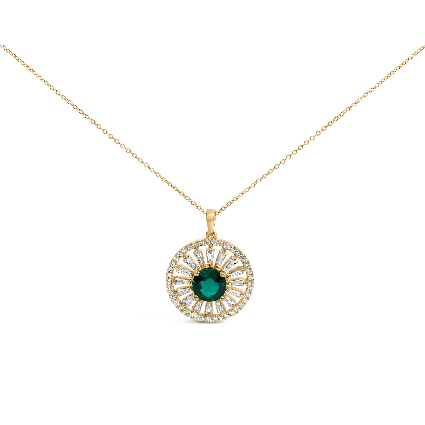 14K Yellow Gold Plated Sterling Silver Lab Grown Emerald and Diamond Sunburst Medallion Pendant Necklace