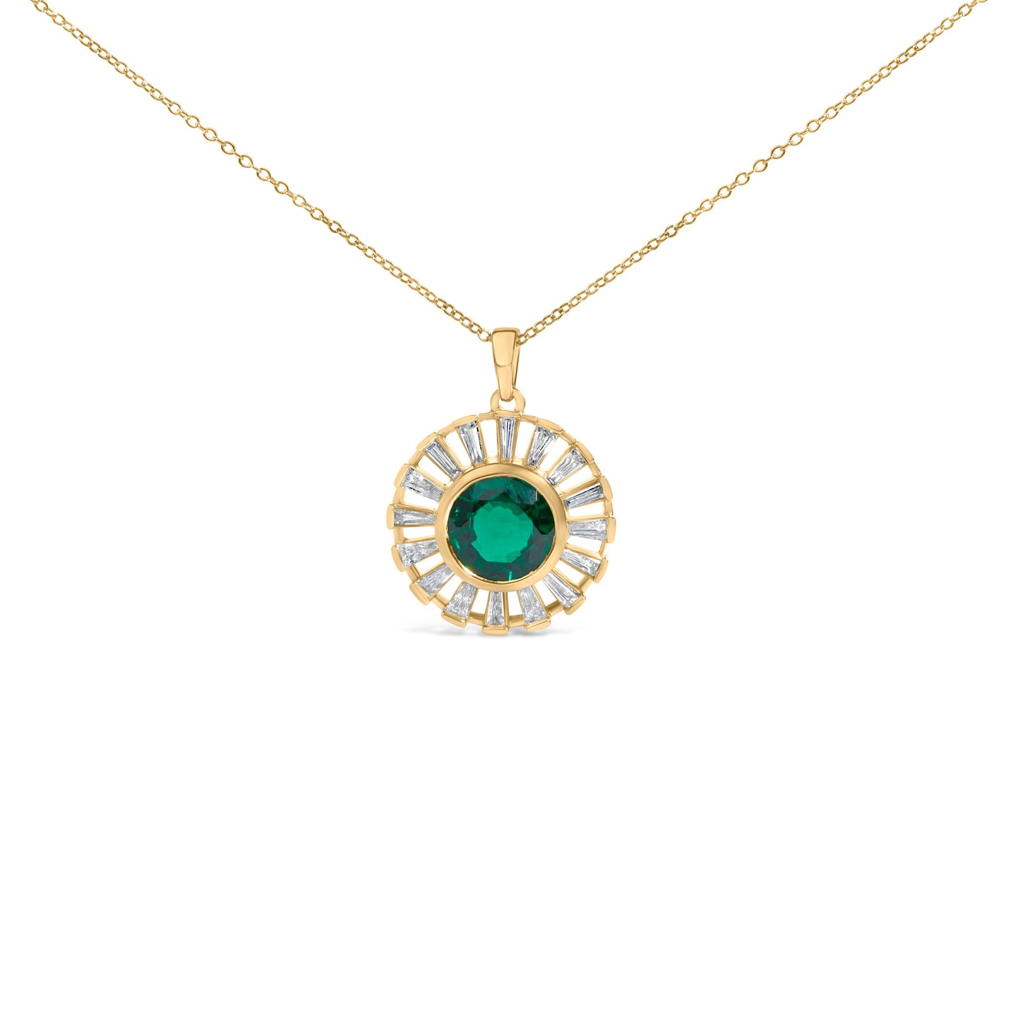 14K Yellow Gold Plated Sterling Silver Lab Grown Emerald and Baguette Diamond Sunburst Medallion Pendant Necklace
