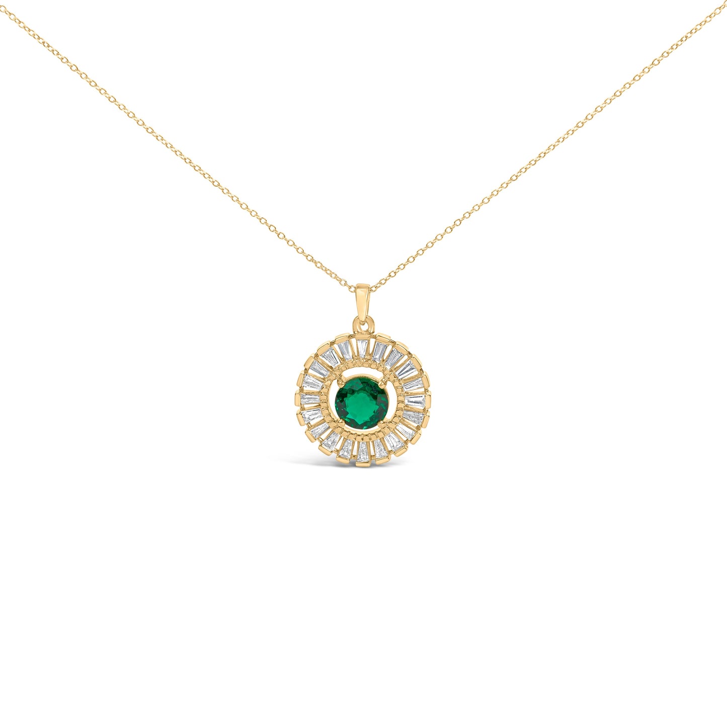 14K Yellow Gold Plated Silver Lab Grown Emerald and Diamond Sunburst Medallion Pendant Necklace