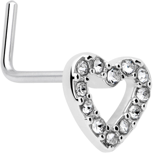 20G 7mm Clear Gem Hollow Paved Heart L Shape Nose Ring