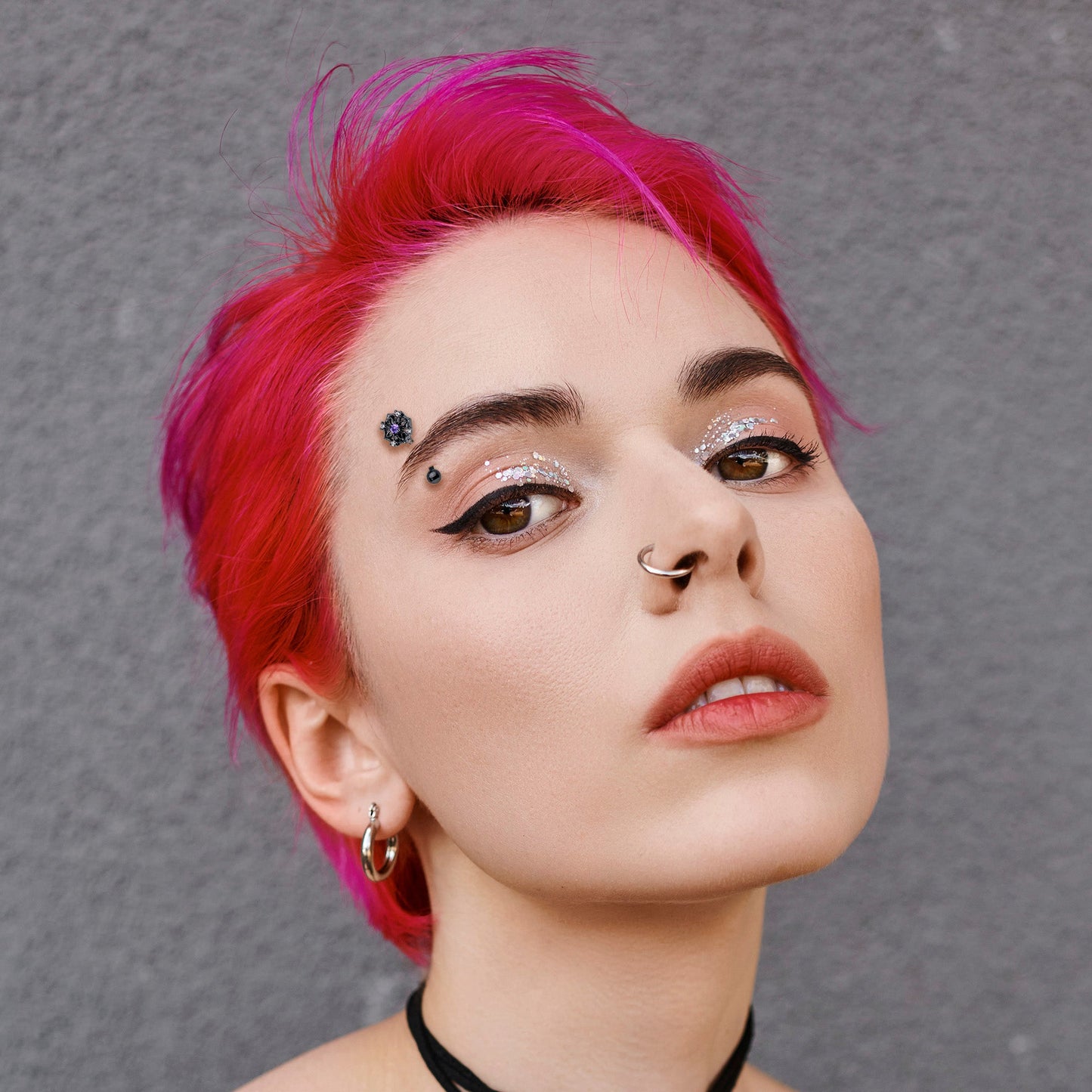 16G 5/16 Purple CZ Gem Black Flower Ring Curved Eyebrow Ring