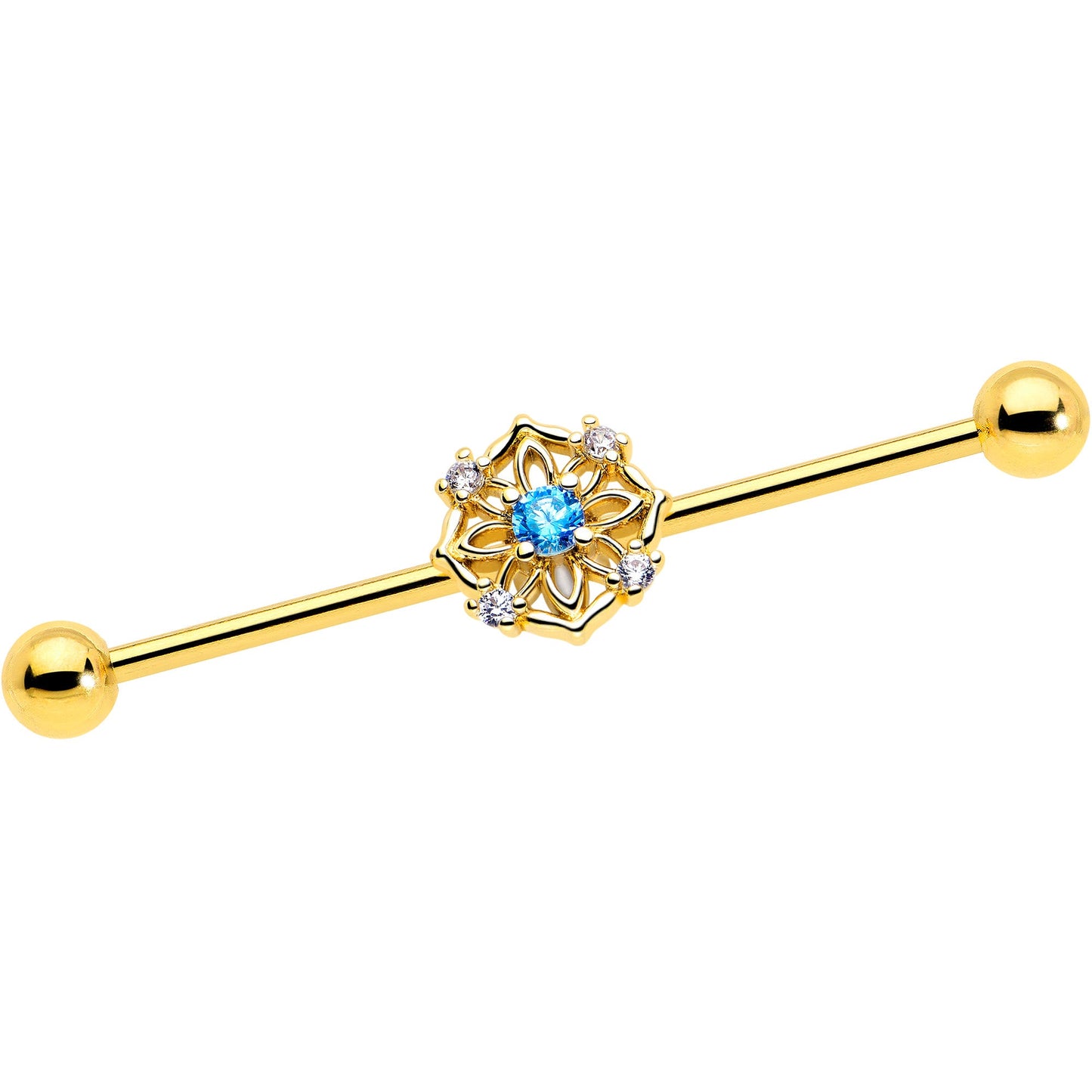 14G Blue CZ Gem Gold Tone Flower Ring Industrial Barbell 38mm
