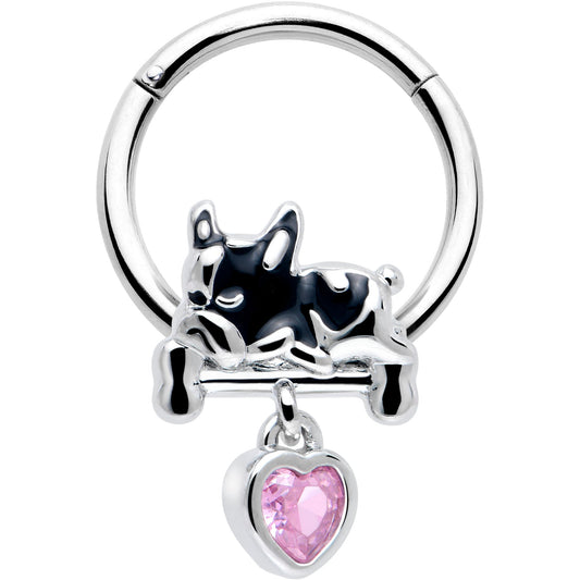 16G 3/8 Pink CZ Gem Sleepy French Bulldog Dangle Hinged Segment Ring