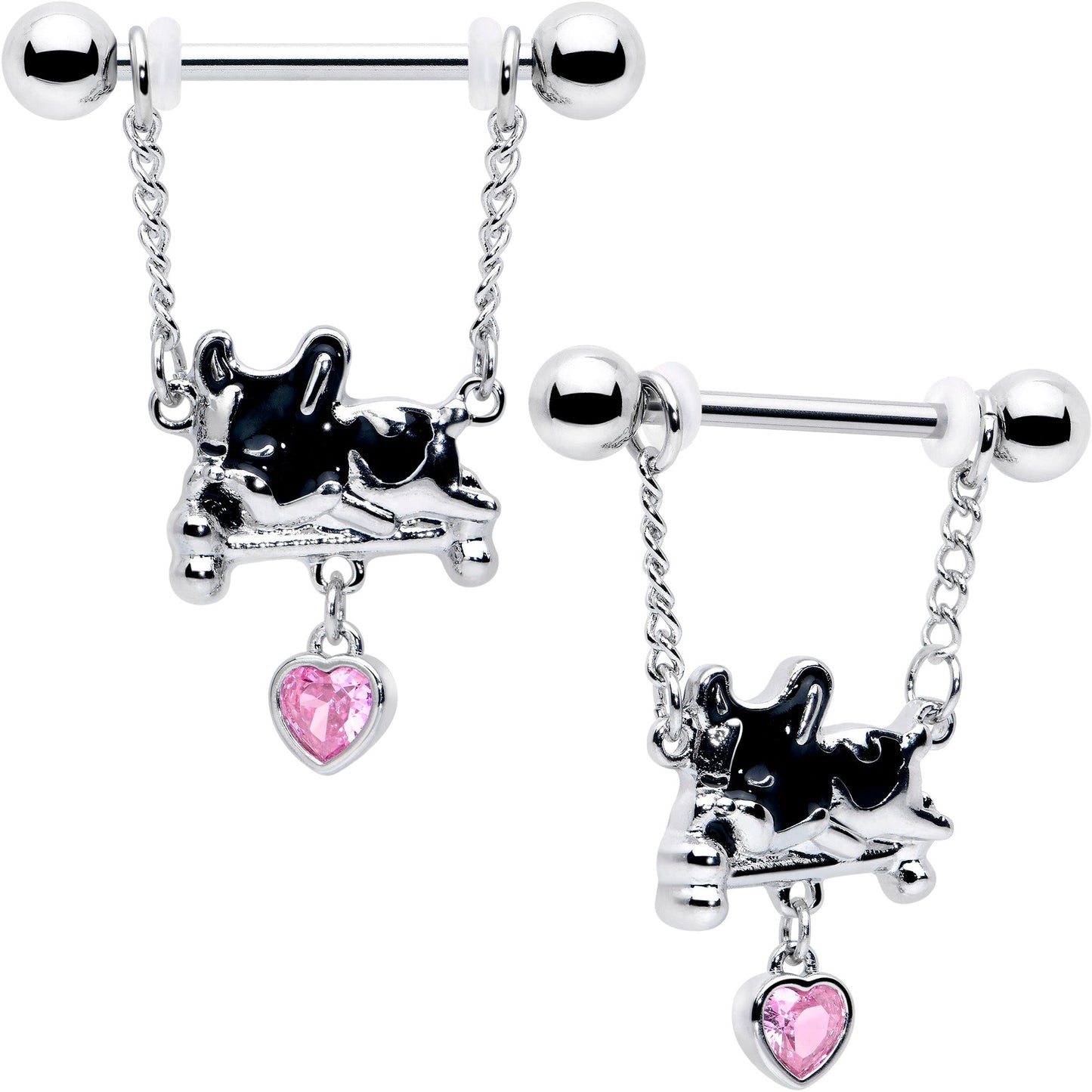 14G 9/16 Pink Gem Sleepy French Bulldog Chain Dangle Nipple Ring Set
