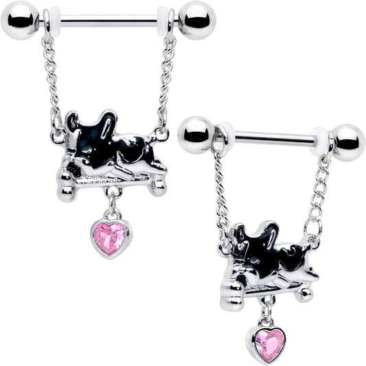 14G 9/16 Pink Gem Sleepy French Bulldog Chain Dangle Nipple Ring Set