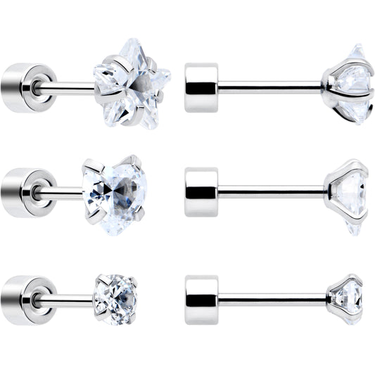 Clear Simplistic Heart Star CZ Flat Back Stud Earrings - 3 Pairs