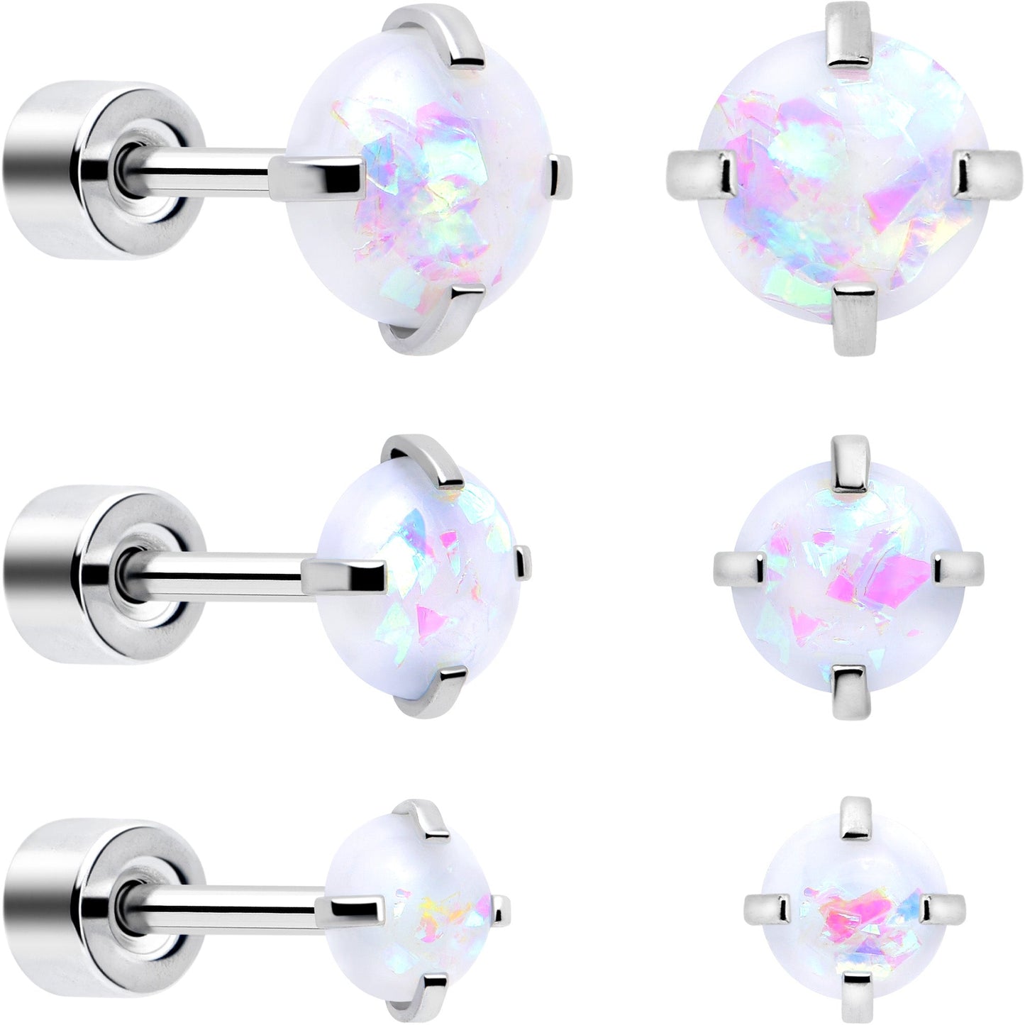 White Synthetic Opal Flat Back Stud Earrings - 3 Pairs
