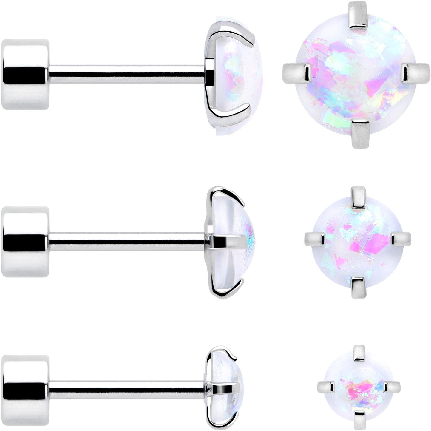 White Synthetic Opal Flat Back Stud Earrings - 3 Pairs