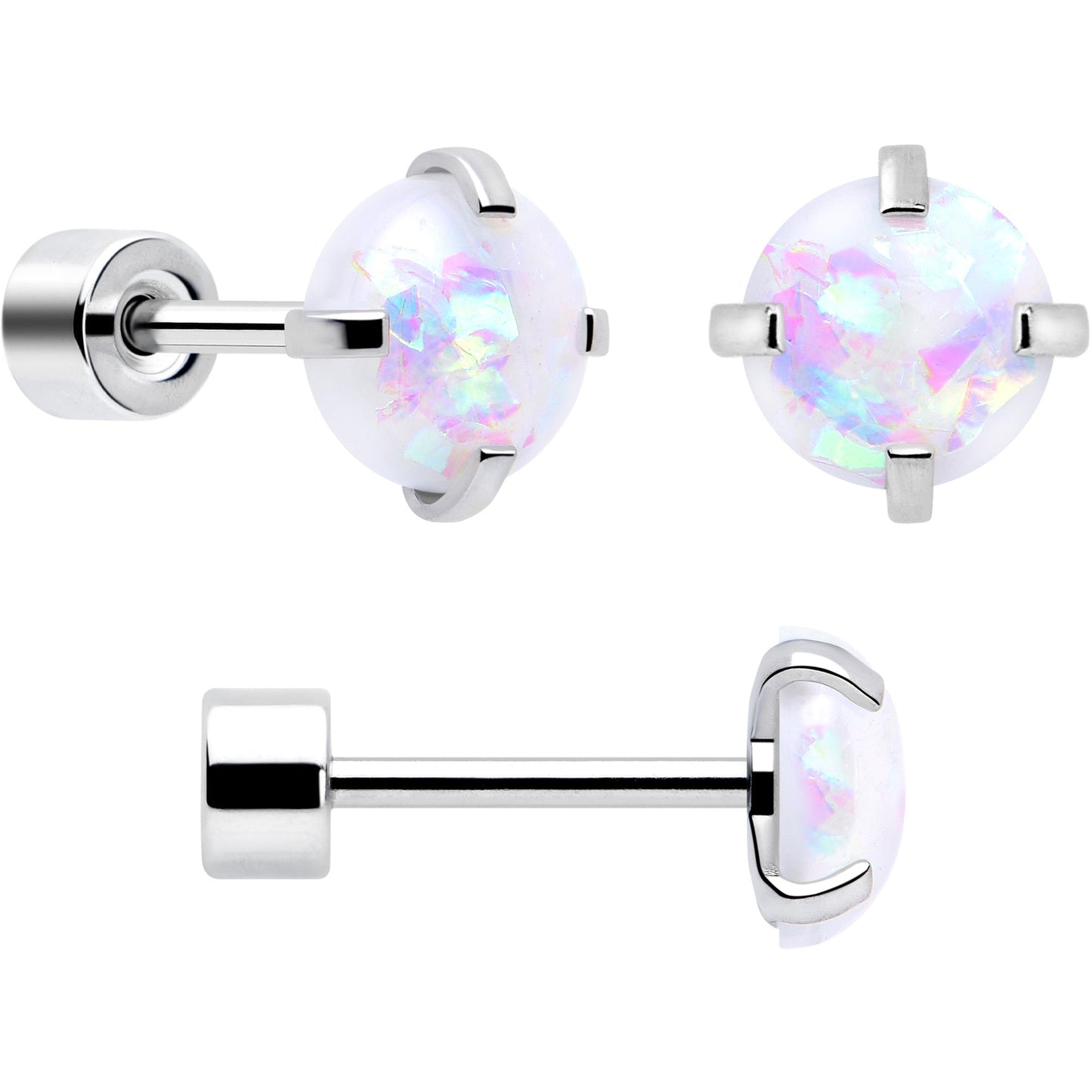 White Synthetic Opal Flat Back Stud Earrings - 3 Pairs