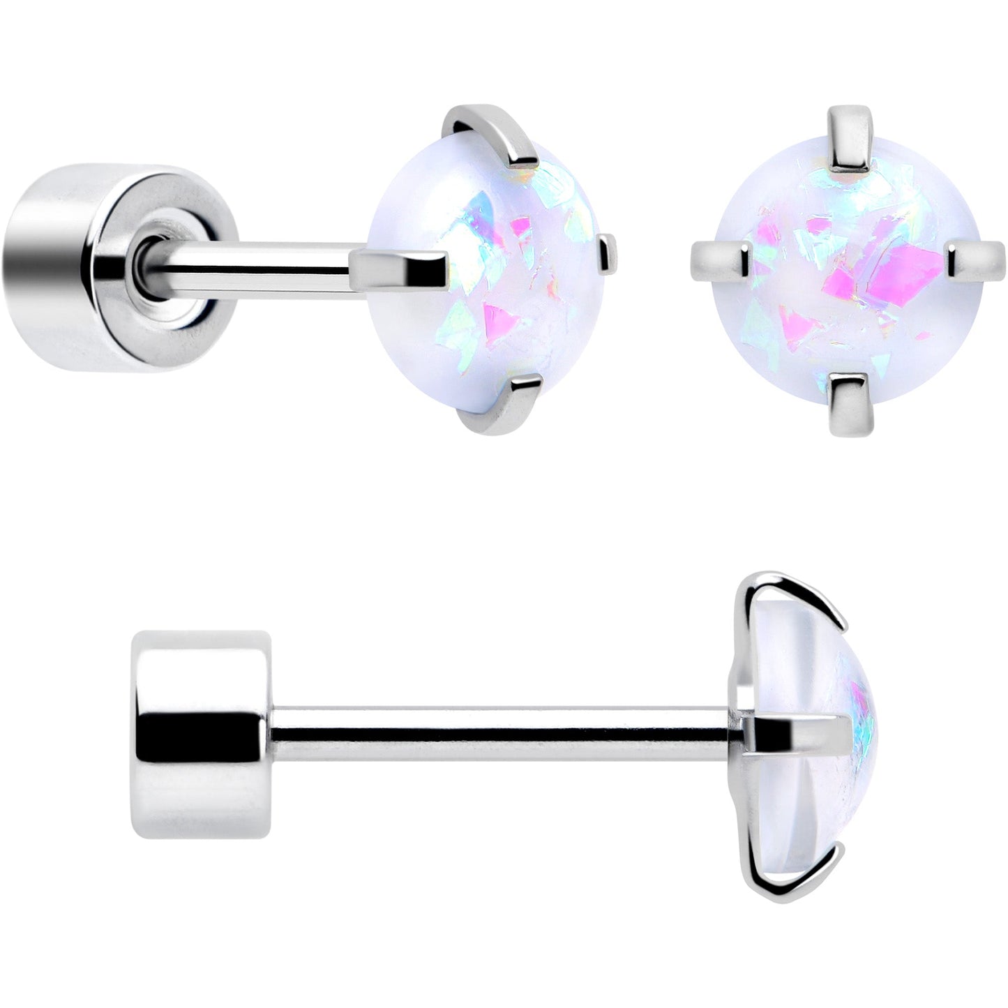 White Synthetic Opal Flat Back Stud Earrings - 3 Pairs