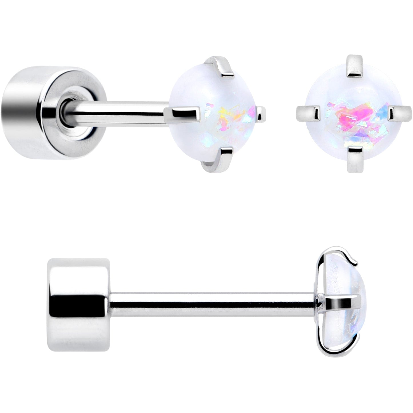 White Synthetic Opal Flat Back Stud Earrings - 3 Pairs