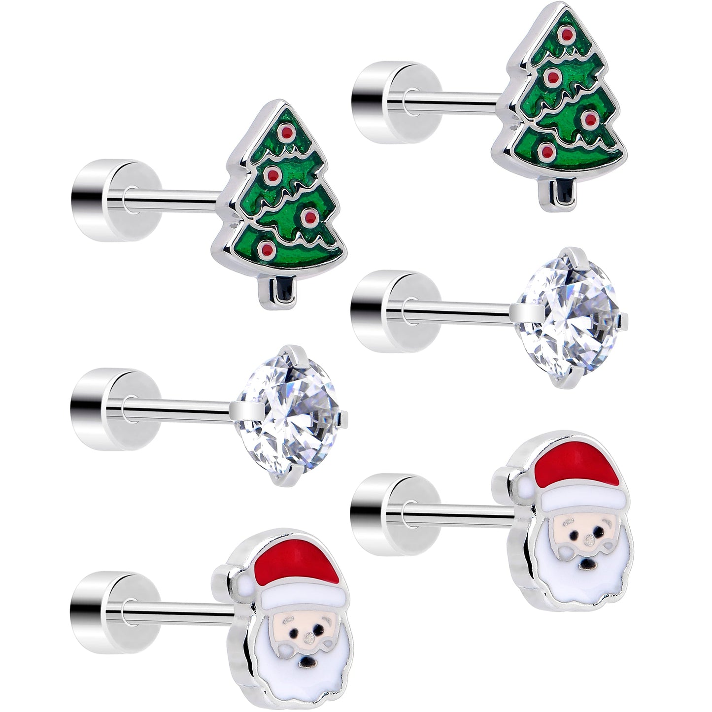 Christmas Flat Back Earrings - 3 Pairs Holiday Tree Santa CZ