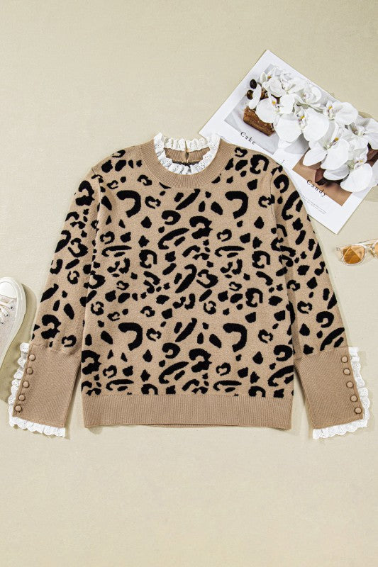 Plus Size Leopard Knit Lacy Trim Long Sleeve Sweat