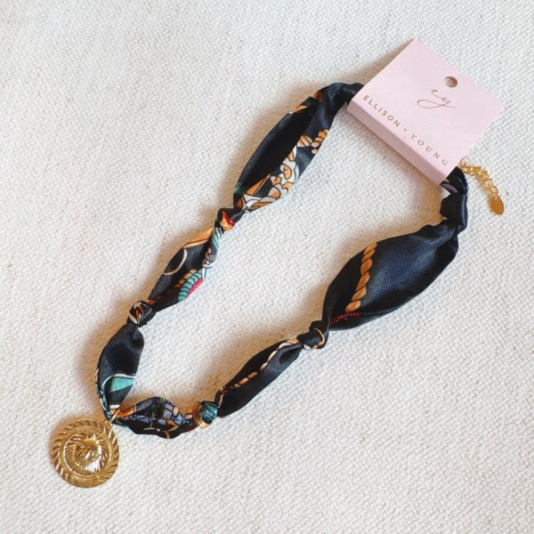 Luxe Print Medallion Pendant Scarf Necklace
