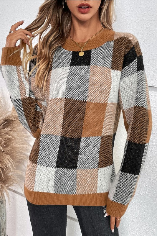 Plaid Print Round Neck Knit Loose Fit Sweater