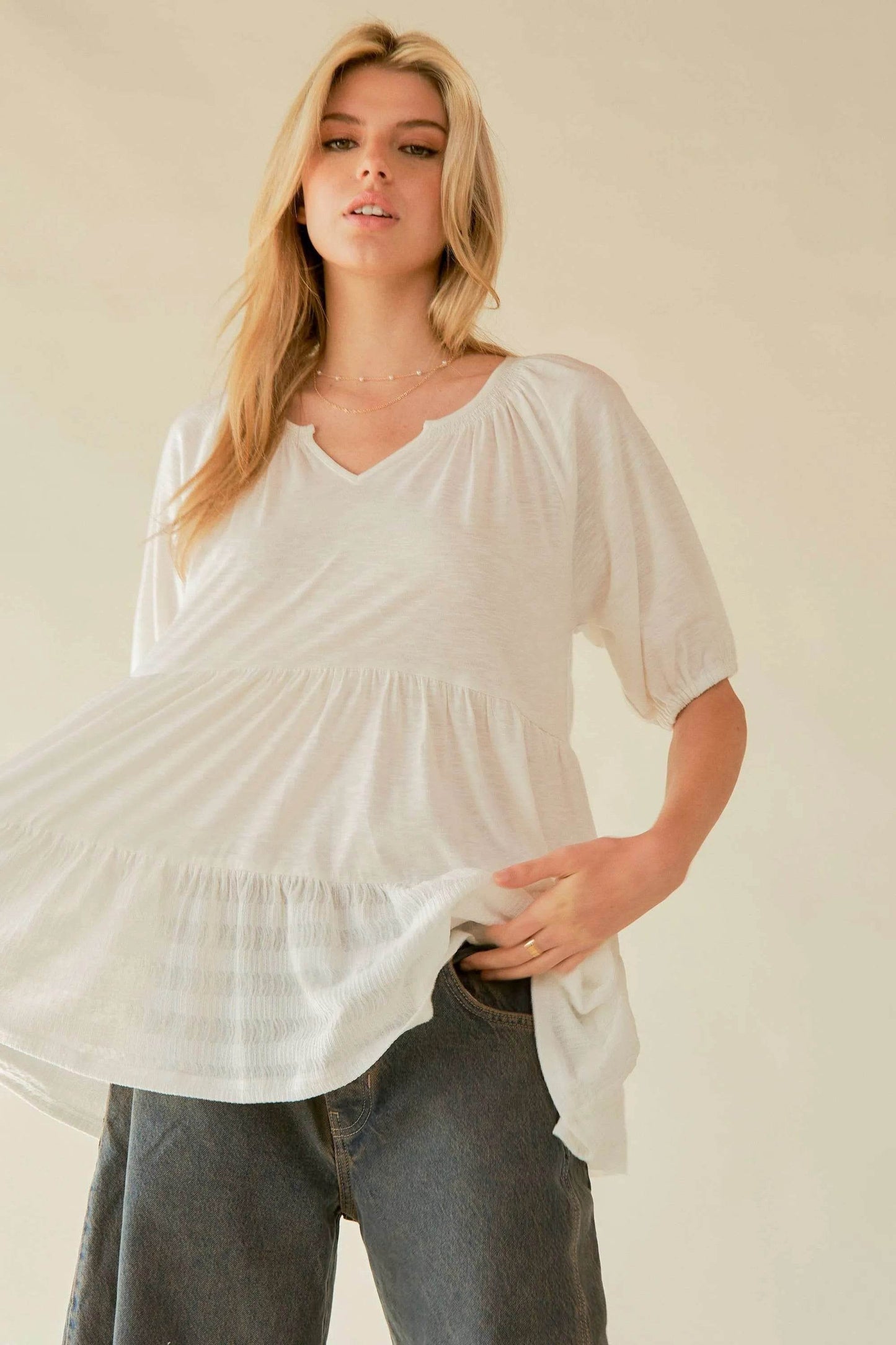 Davi & Dani Ruffled Flared Short Sleeve V Neck Blouse