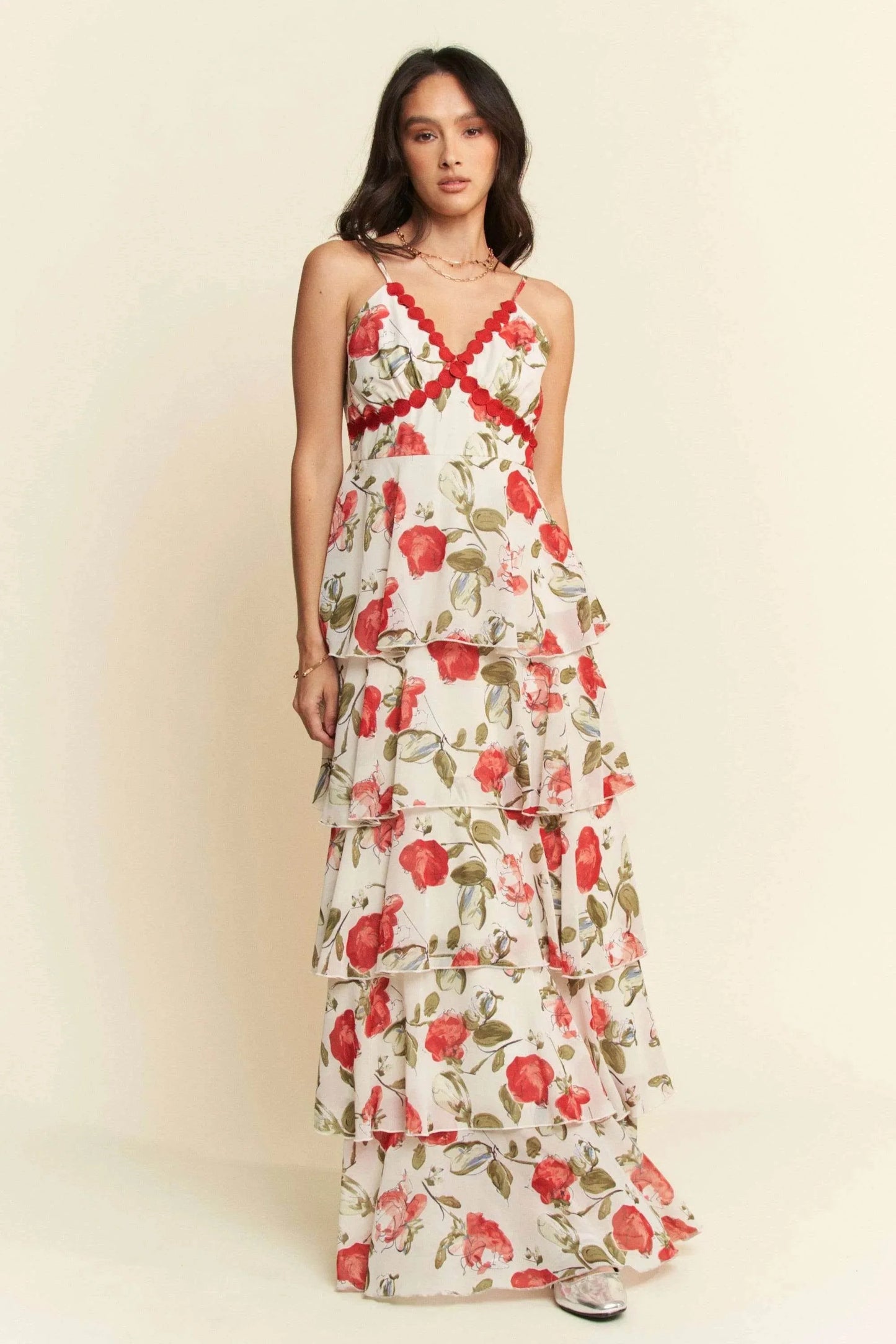 Davi & Dani Contrast Ring Lace Layered Ruffle Maxi Cami Dress