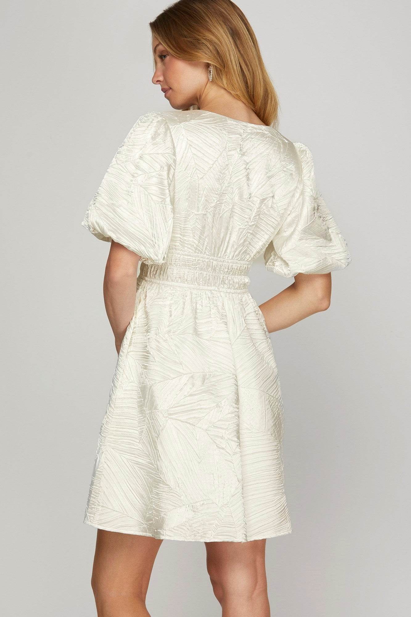 She + Sky Crinkle Woven V-Neck Balloon Sleeve Mini Dress