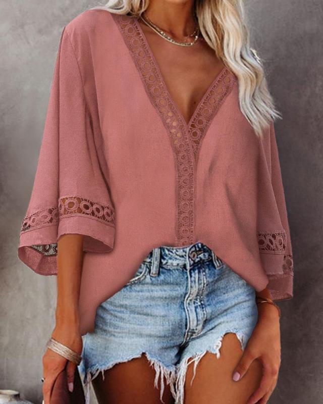 V-neck Hollow Out Cutout Lace Loose Shirt Women Clothing