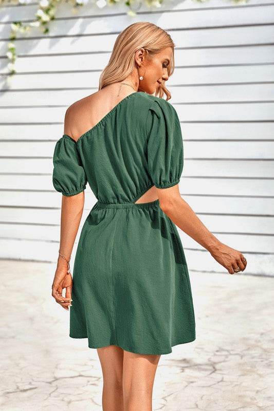 One Shoulder Puff Sleeve Fit Flare Short Dress