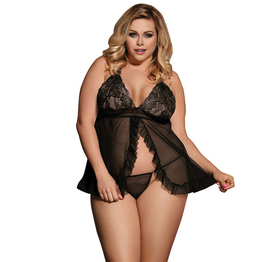 Plus Size Sexy Lingerie Women Halter Lace See through Sexy Nightdress Two Piece Sets