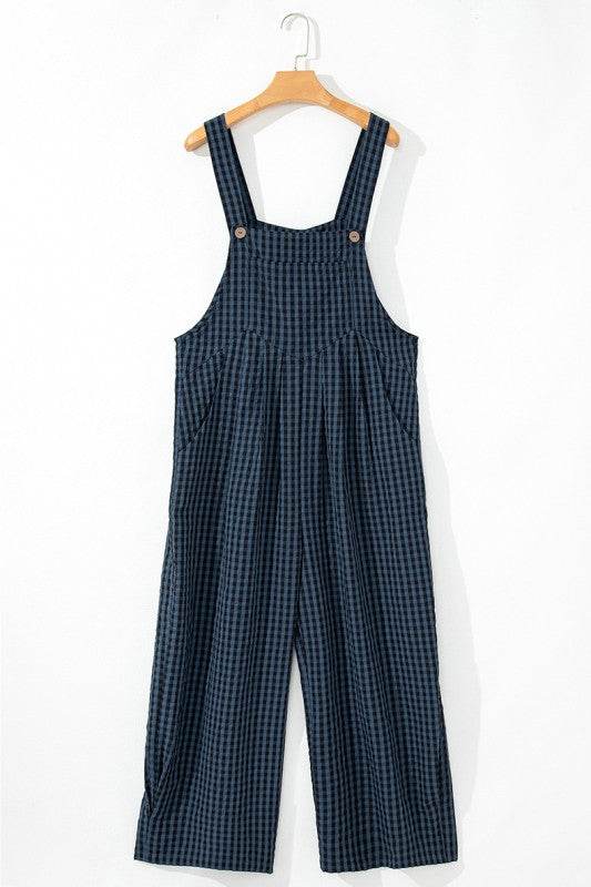 Plaid Print Buttoned Pocketed High Waist Jumpsuits