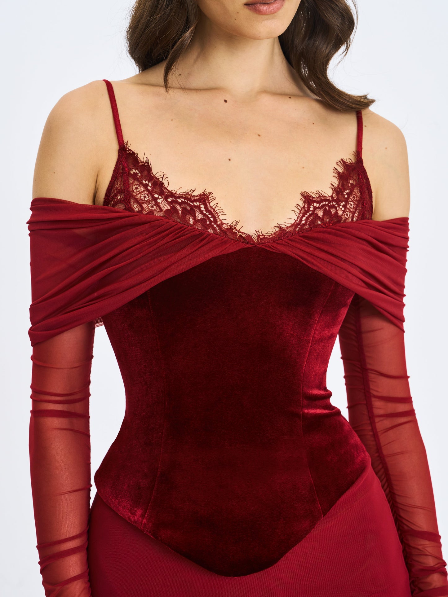 Maybelle Magenta Bardot Lace Strap Peplum Maxi Dress