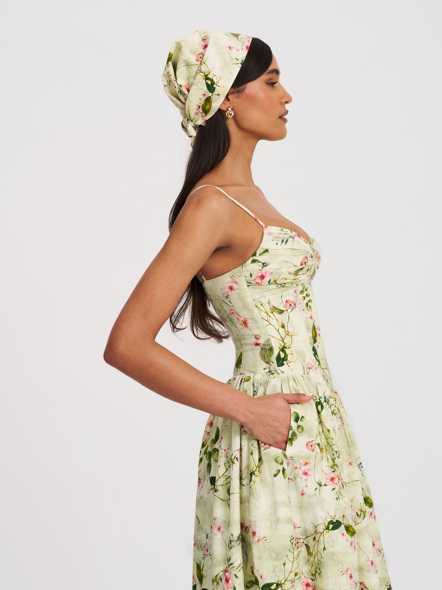 Spring Affair Green Floral Print Linen Head Scarf