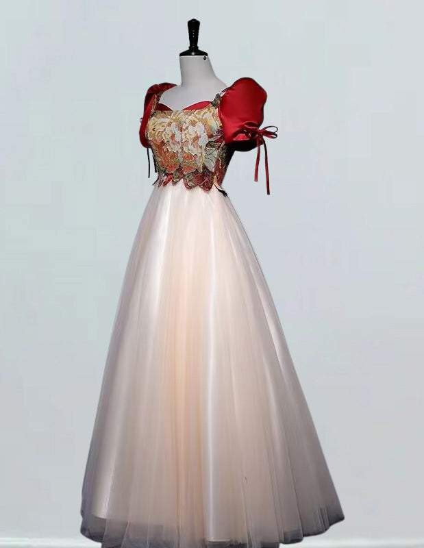 Red printed satin prom dress boat neckline long tulle ball gown plus size lace up evening dress gown