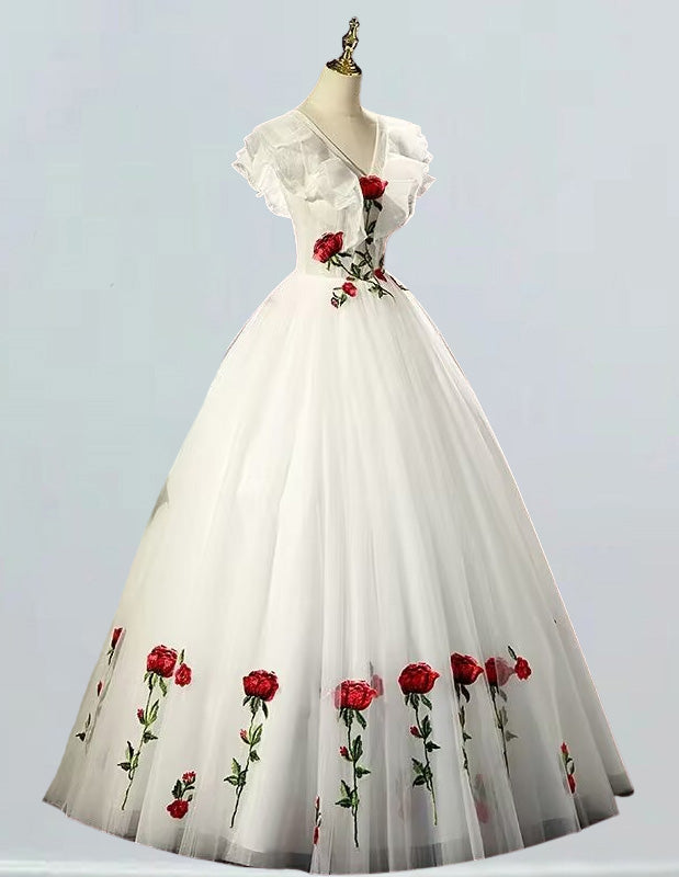 Ivory Lace V-Neck Evening Gown | Elegant Prom & Bridesmaid Dress