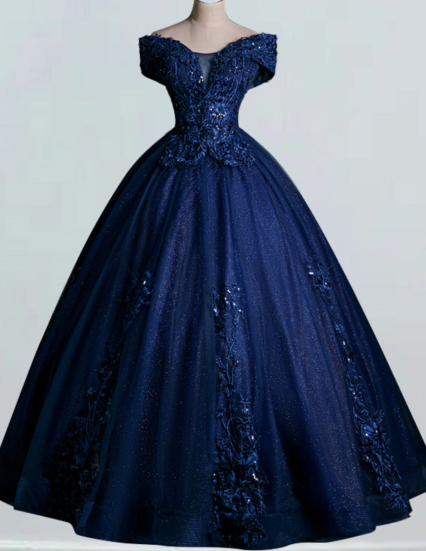 Dark navy off the shoulder lace applique beading sequin ball gown prom dress plus size women party gown