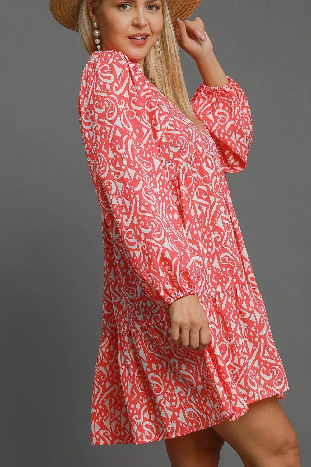 Umgee Full Size Two Tone Print Balloon Sleeve Tiered Dress Plus Size