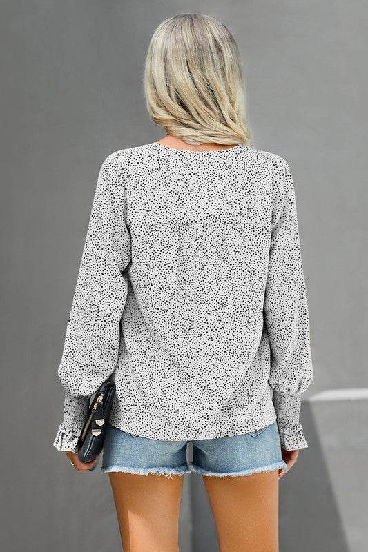 V Neck Dalmatian Print Bishop Sleeve Blouse
