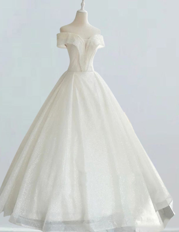 Women's Ivory Sequin Off-Shoulder Bridal & Prom Gown with Pearl Accents