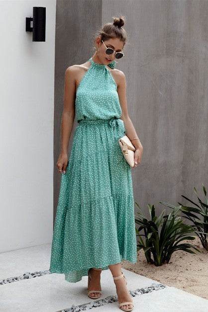 Tie Back Polka Dot Ruffle Hem Halter Dress