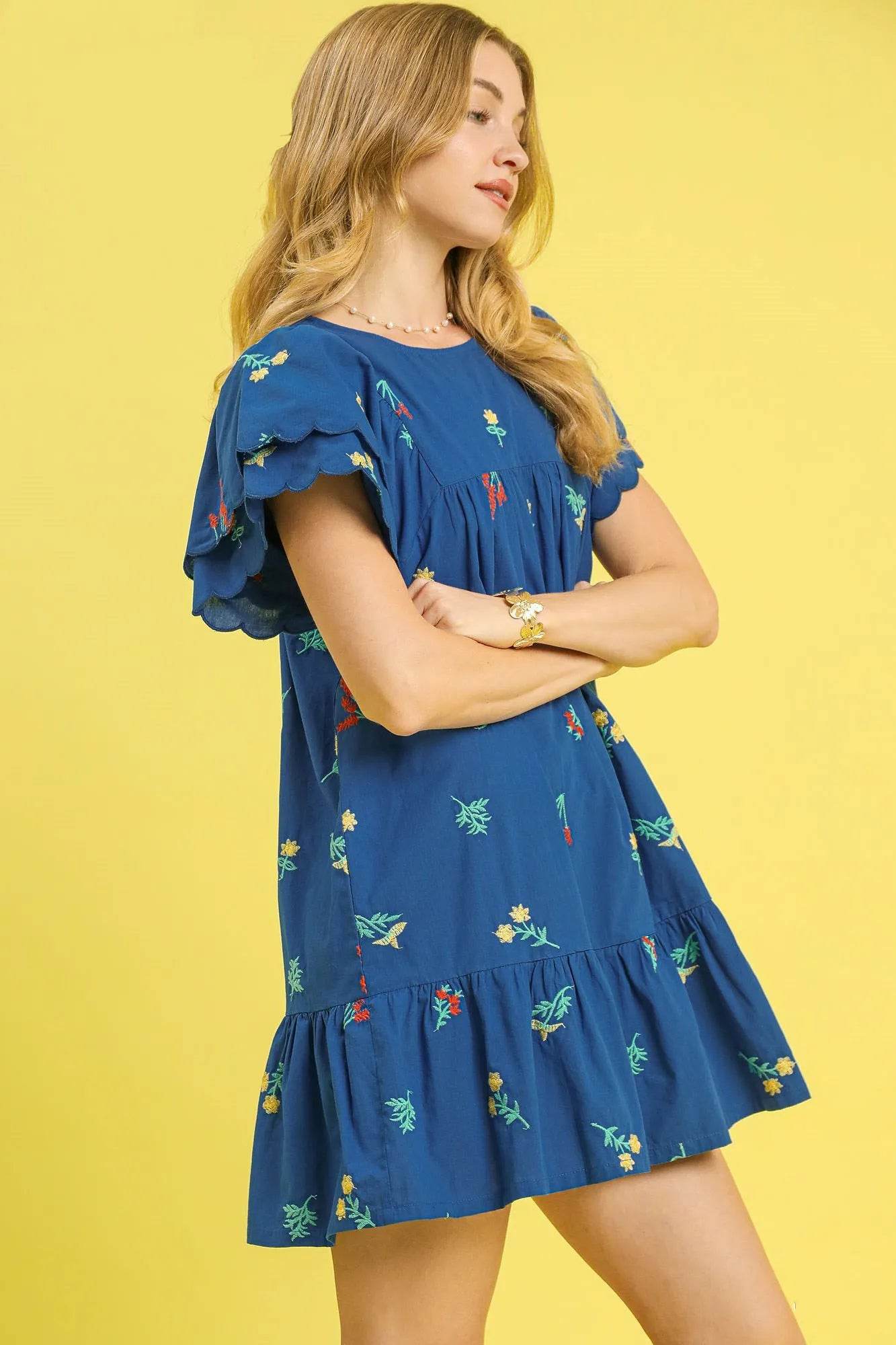 Umgee Floral Embroidered Short Sleeve Mini Dress