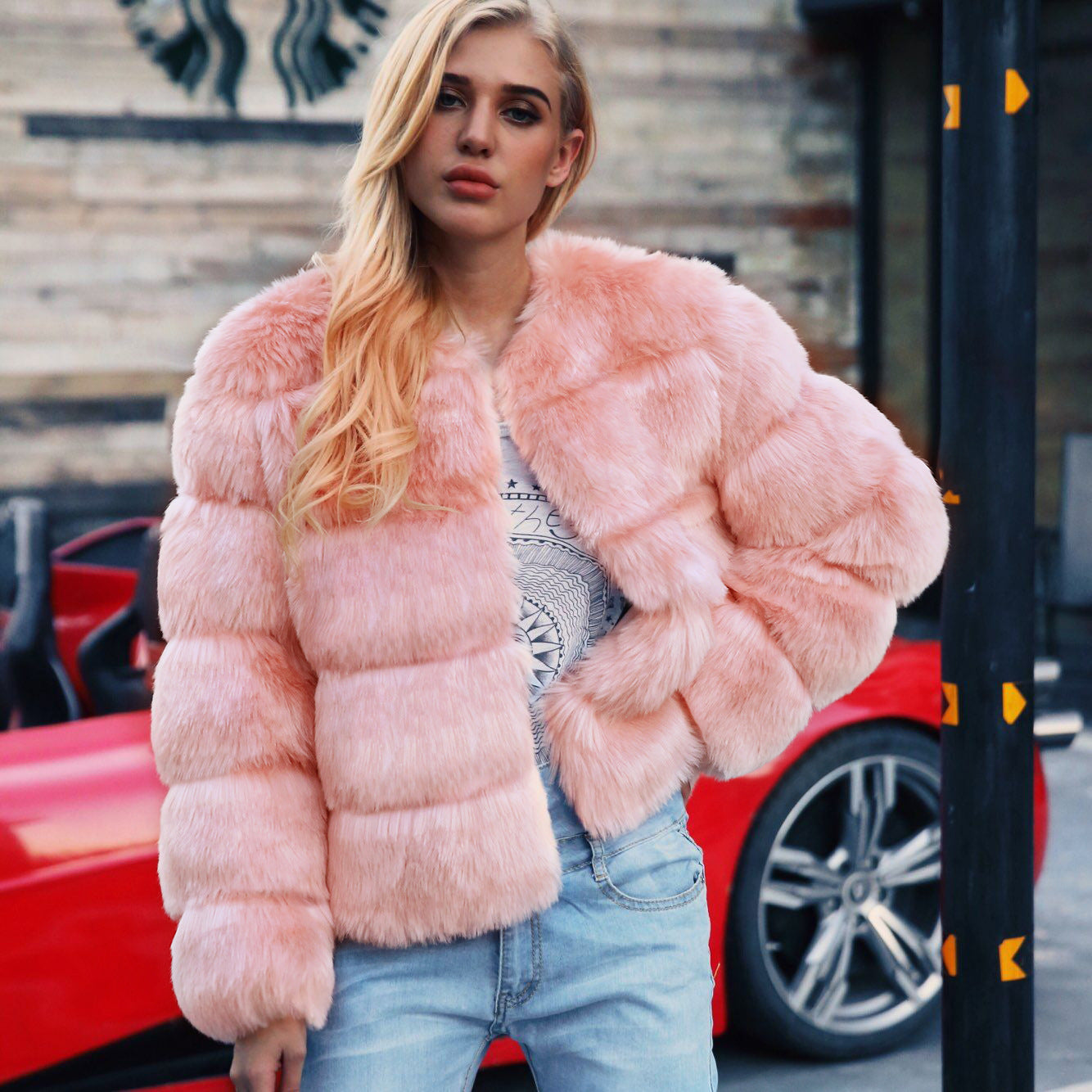 Fall Winter Faux Fur Cross Groove Coat Women Coat Fox Fur Short Overcoat Coat