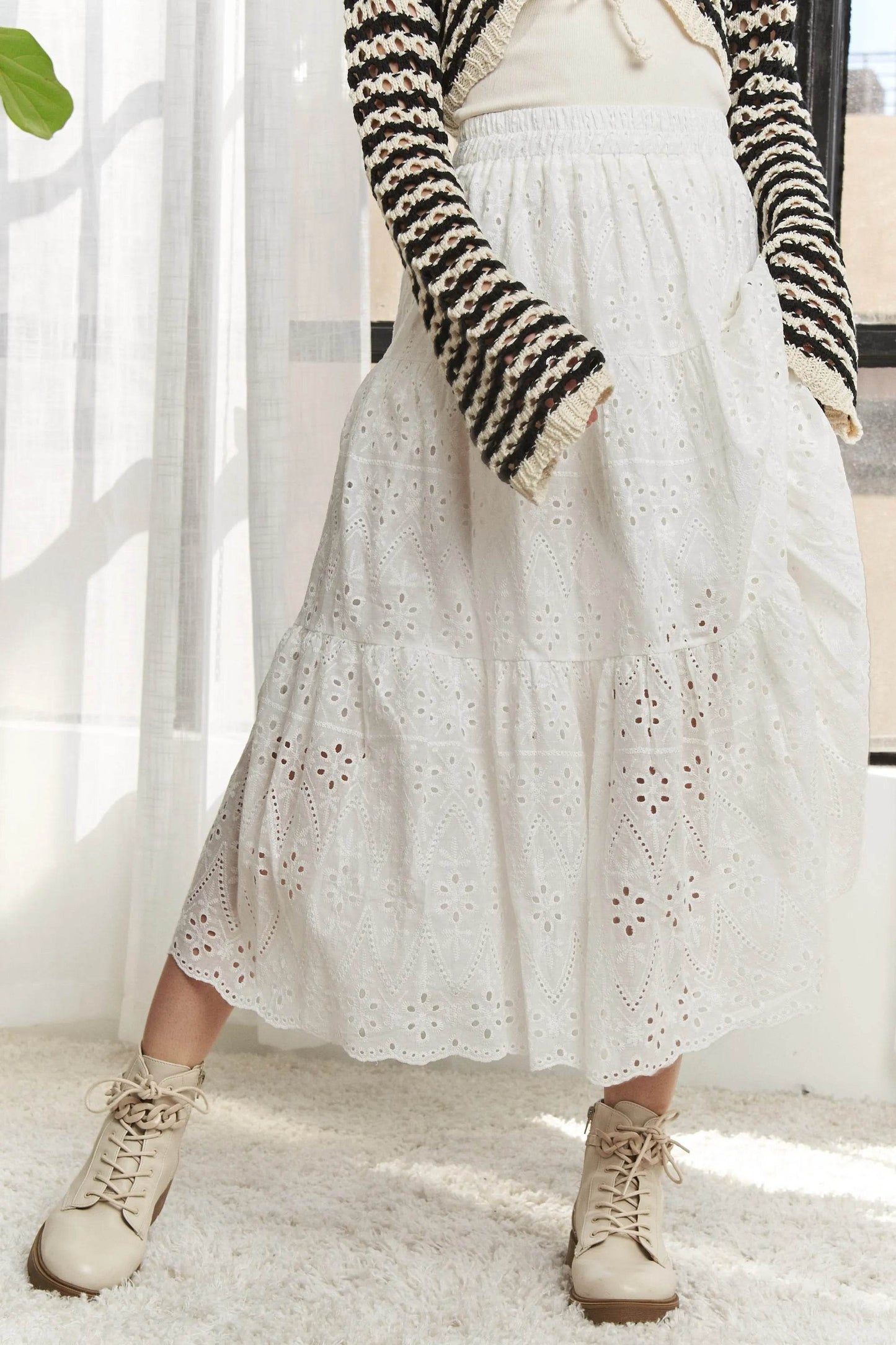 ADORA Elastic Waistband Tiered Midi Skirt