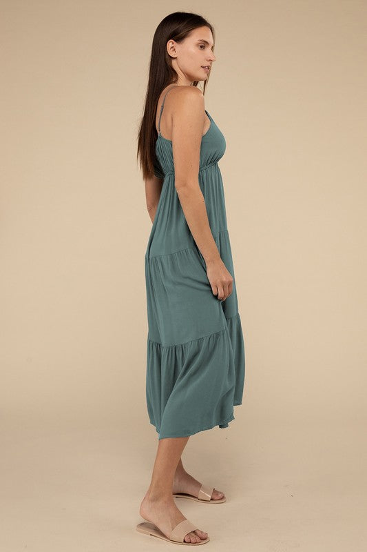 Woven Sweetheart Neckline Tiered Cami Midi Dress