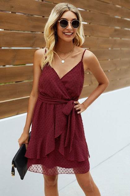 V Neck Ruffle Hem Swiss Dot Self Tie Cami Dress
