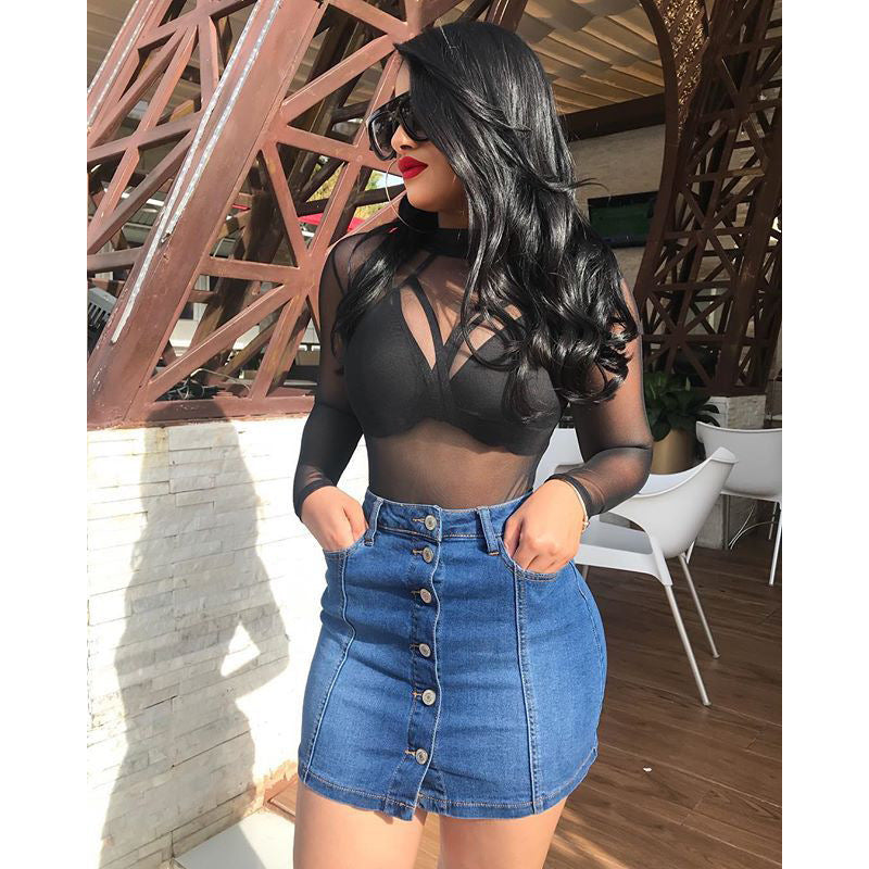 French Split Breasted Denim Casual Short Skirt Women Summer Hip Skirt