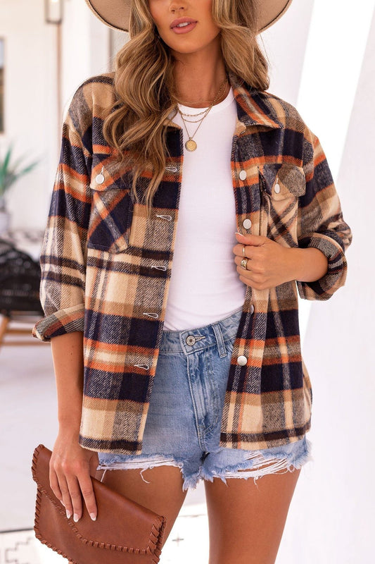 Autumn Long Sleeve Large Pocket Loose Women Plaid Shacket Mid Length Coat
