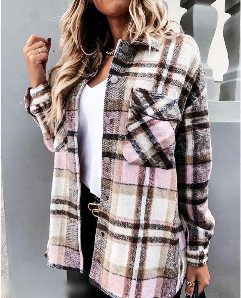 Autumn Long Sleeve Large Pocket Loose Women Plaid Shacket Mid Length Coat