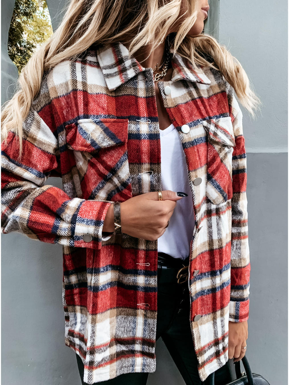 Autumn Long Sleeve Large Pocket Loose Women Plaid Shacket Mid Length Coat