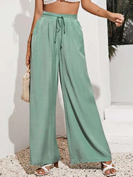 Summer Women High Waist Casual Trousers Solid Color Elastic Waist Lace-up Loose Wide-Leg Pants Women