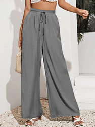 Summer Women High Waist Casual Trousers Solid Color Elastic Waist Lace-up Loose Wide-Leg Pants Women