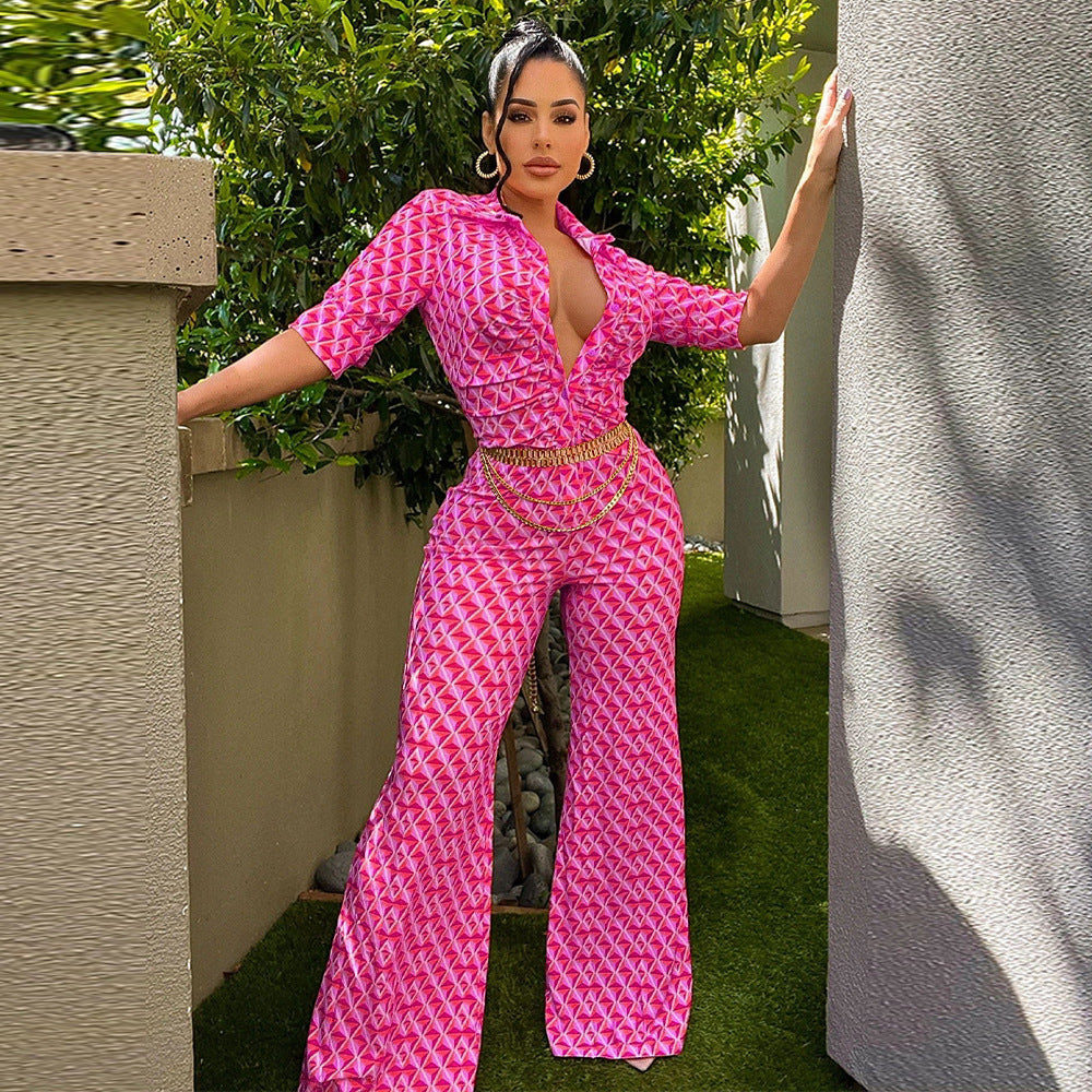 Collared Wide-Leg Sexy Slim-Fit Printed Jumpsuit